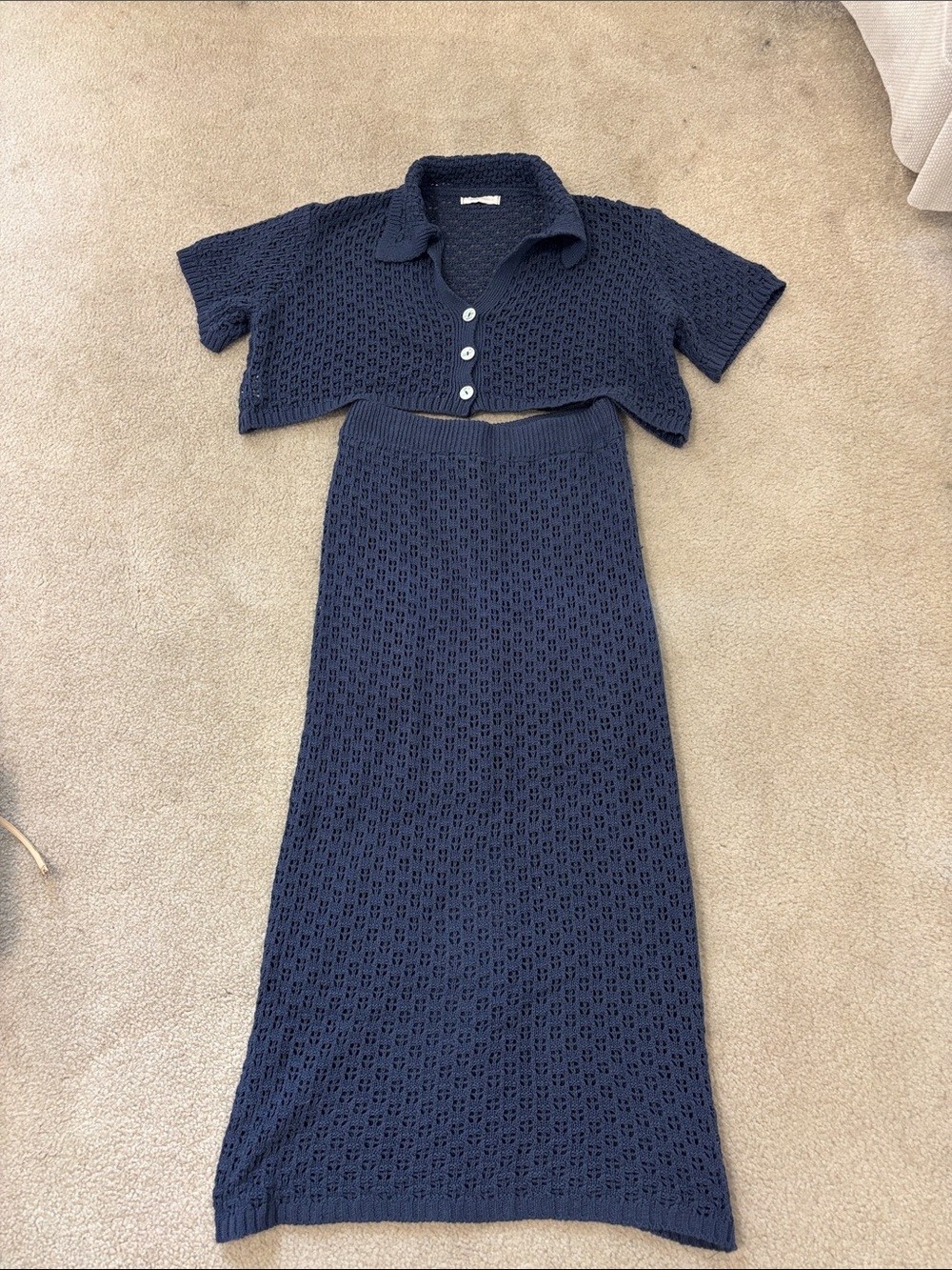 Navy Knit Cropped Button-Front Top & Maxi Skirt Set